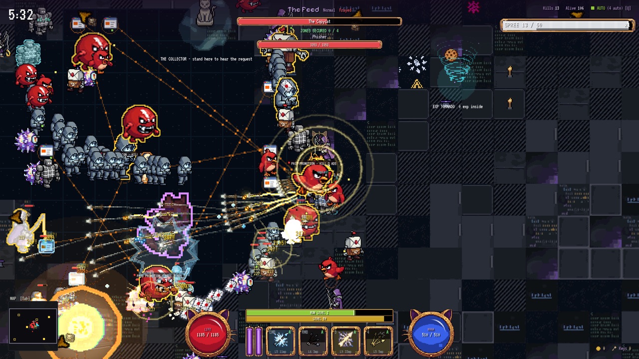 The Feed: raised glowing browser windows over a dark web floor, the Copycat wearing the hero's own sprite